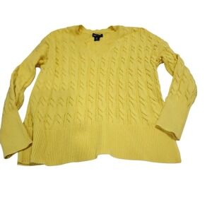 Jones New York Jones & Co. Yellow Cable Knit V Neck Pullover Sweater Sz Large